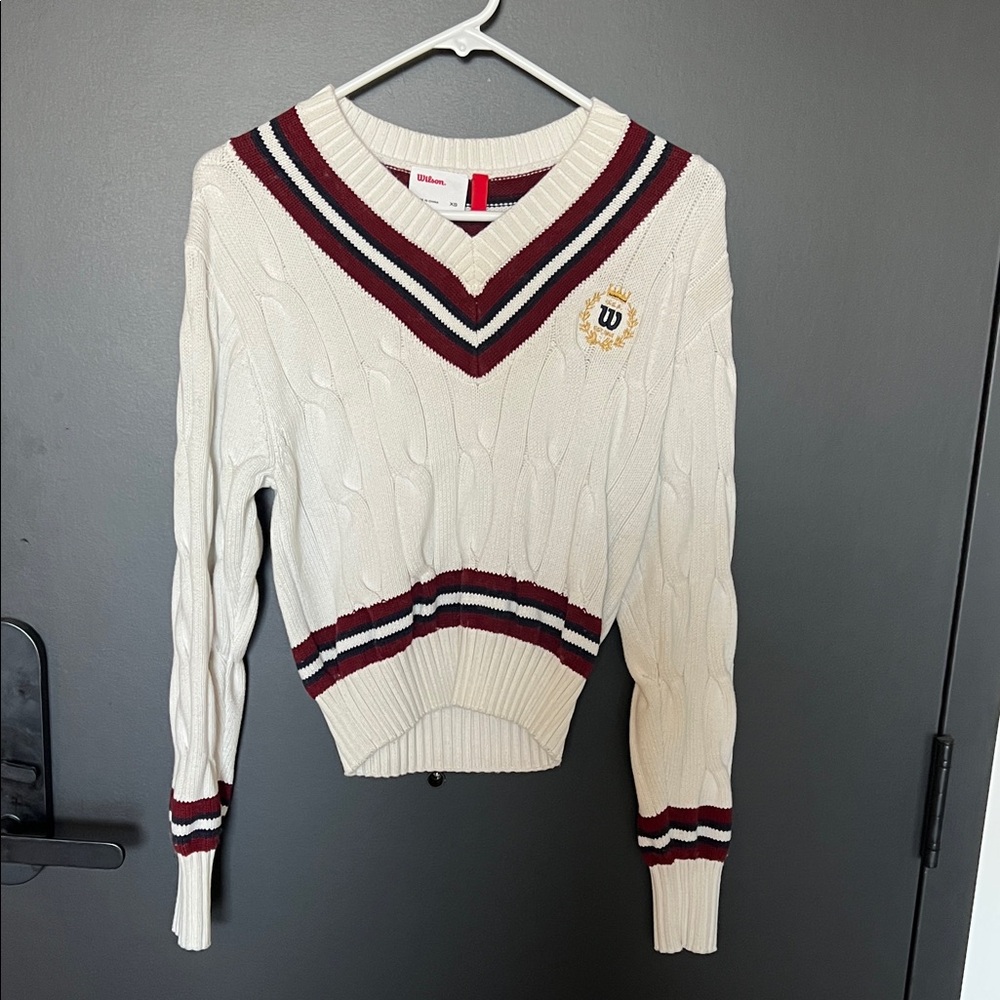 Wilson Cream and Burgundy V-Neck Sweater